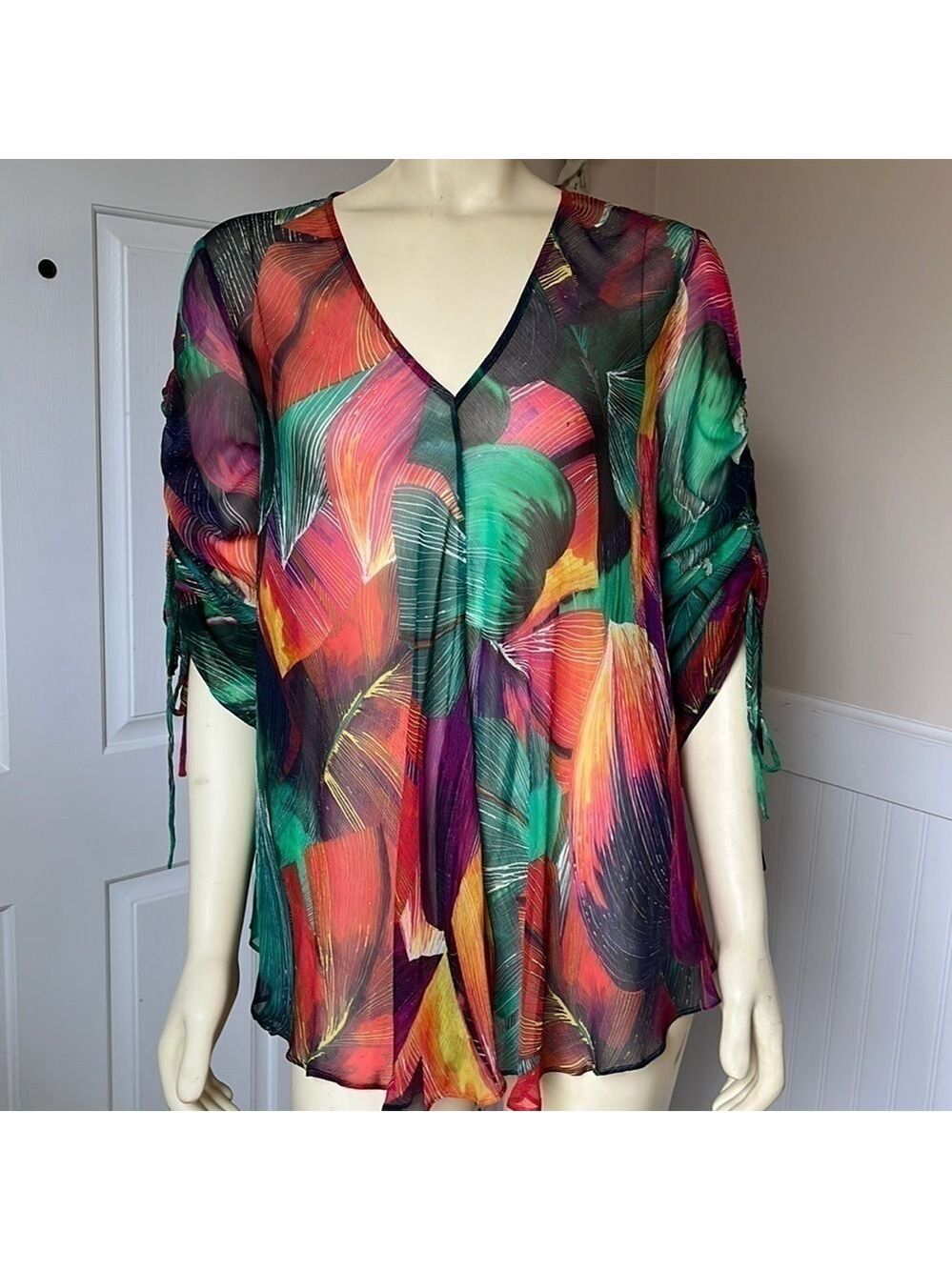Pinko Celia Viscose Chiffon Bright Multicolored Leaf Print V Neck Sheer Blouse 8